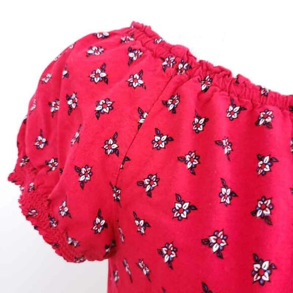 Forever 21 Peasant Blouse Front Tie Floral Red Blue Short Sleeve Summer Top Boho - Picture 4 of 10